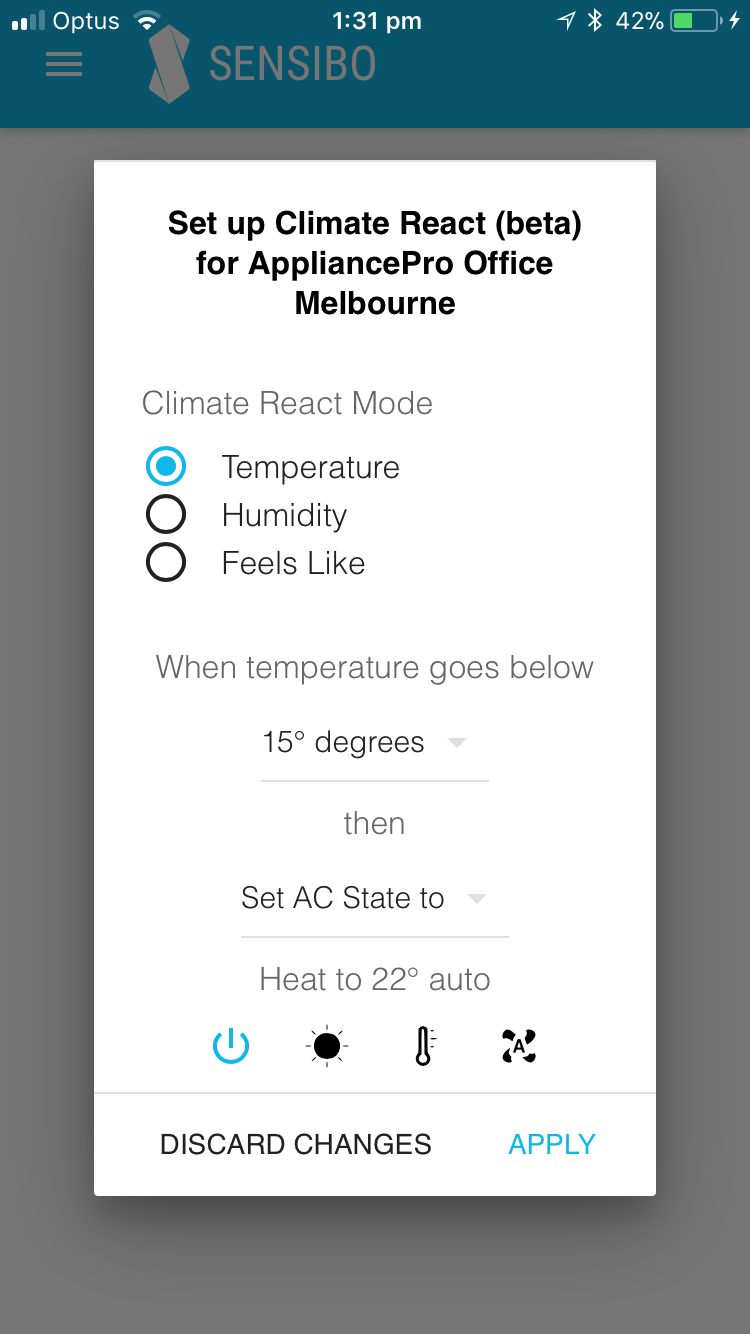 Climate React screen on mobile
